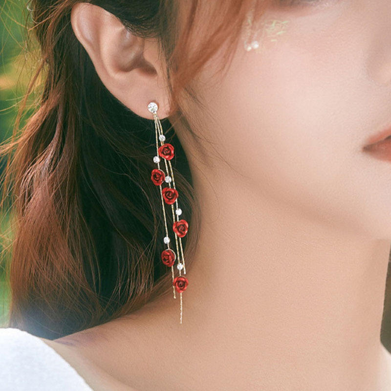 Korean Red Rose Long Chain Drop Earrings for Women | Elegant Floral Statement Earrings - M38