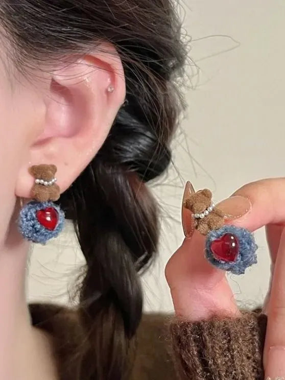 Teddy Bear Heart Drop Earrings – Cute Plush Statement Jewellery M1049