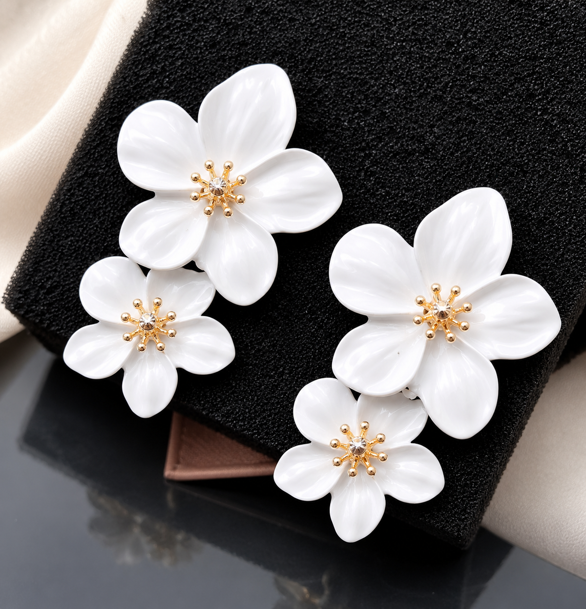 Elegant White Double Flower Drop Earrings – M32