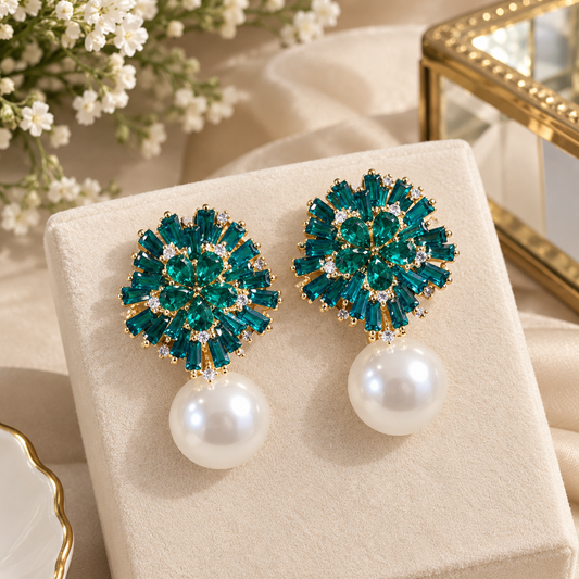 Teal Crystal Burst Pearl Drop Earrings