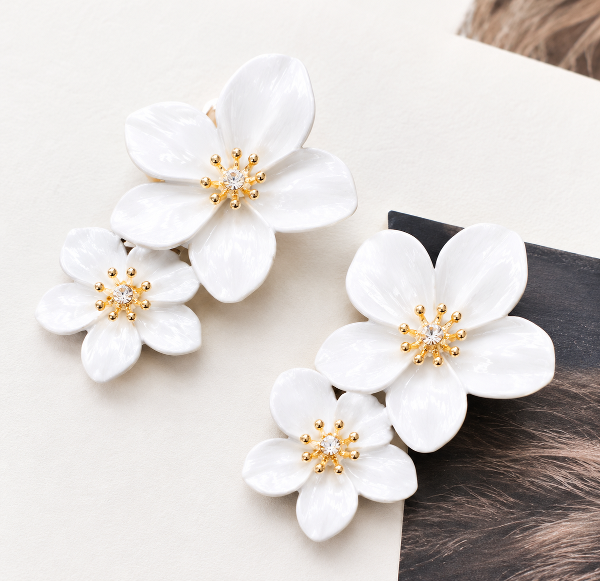 Elegant White Double Flower Drop Earrings – M32