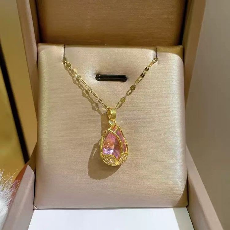 Gold-Tone Chain Necklace with Teardrop Pink Crystal Pendant