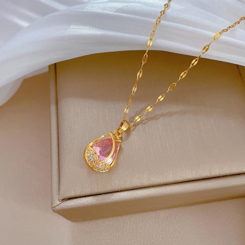 Gold-Tone Chain Necklace with Teardrop Pink Crystal Pendant