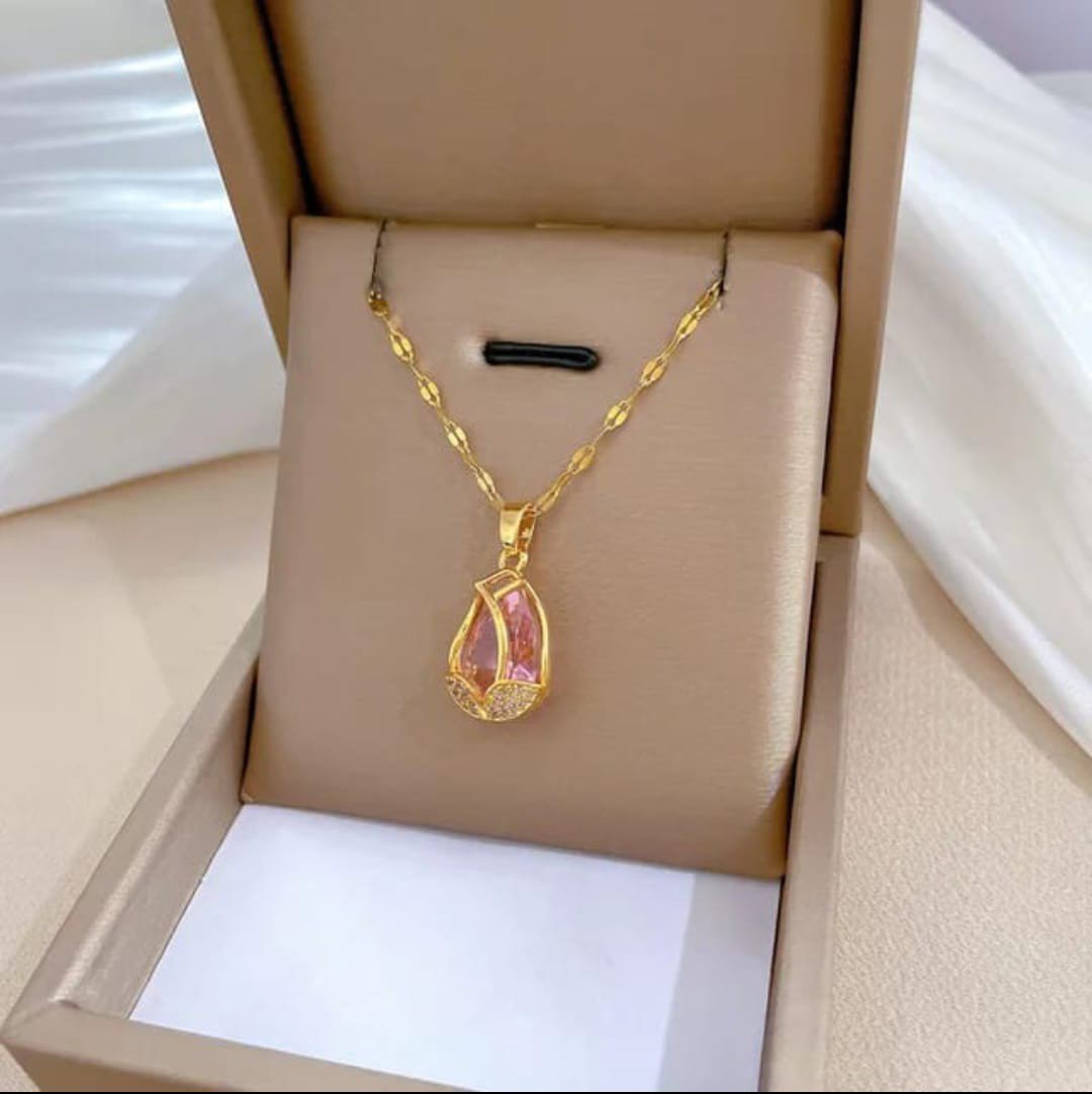 Gold-Tone Chain Necklace with Teardrop Pink Crystal Pendant