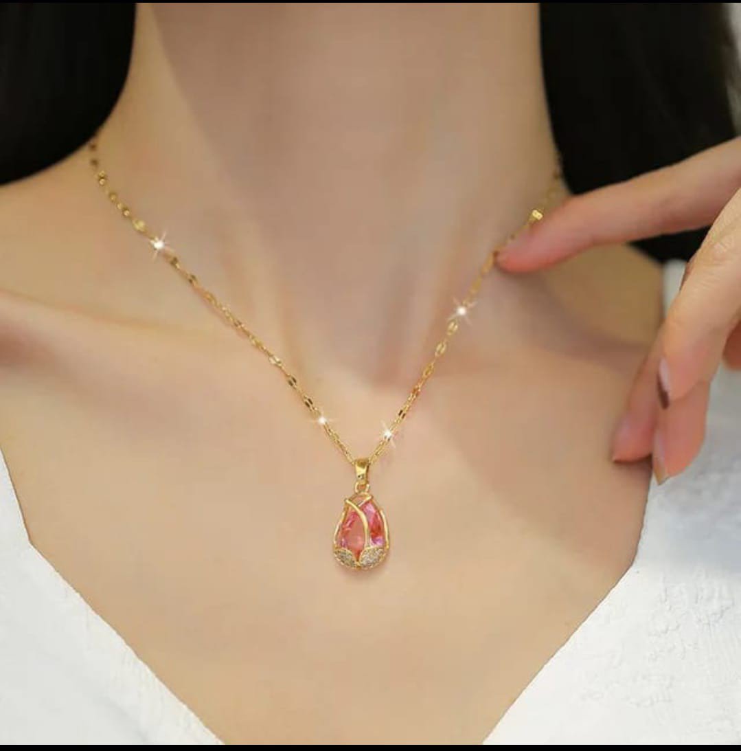 Gold-Tone Chain Necklace with Teardrop Pink Crystal Pendant