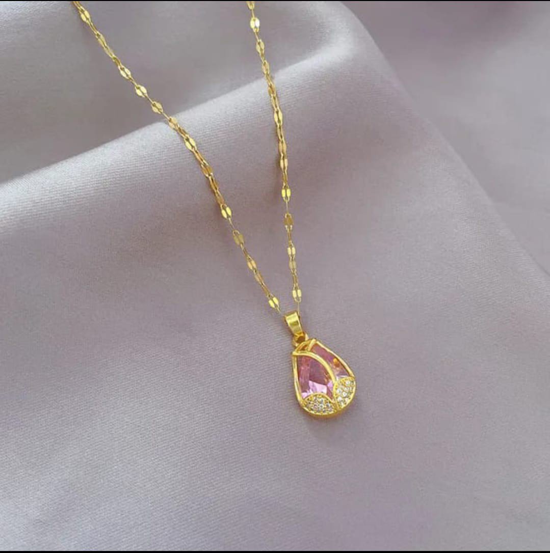 Gold-Tone Chain Necklace with Teardrop Pink Crystal Pendant