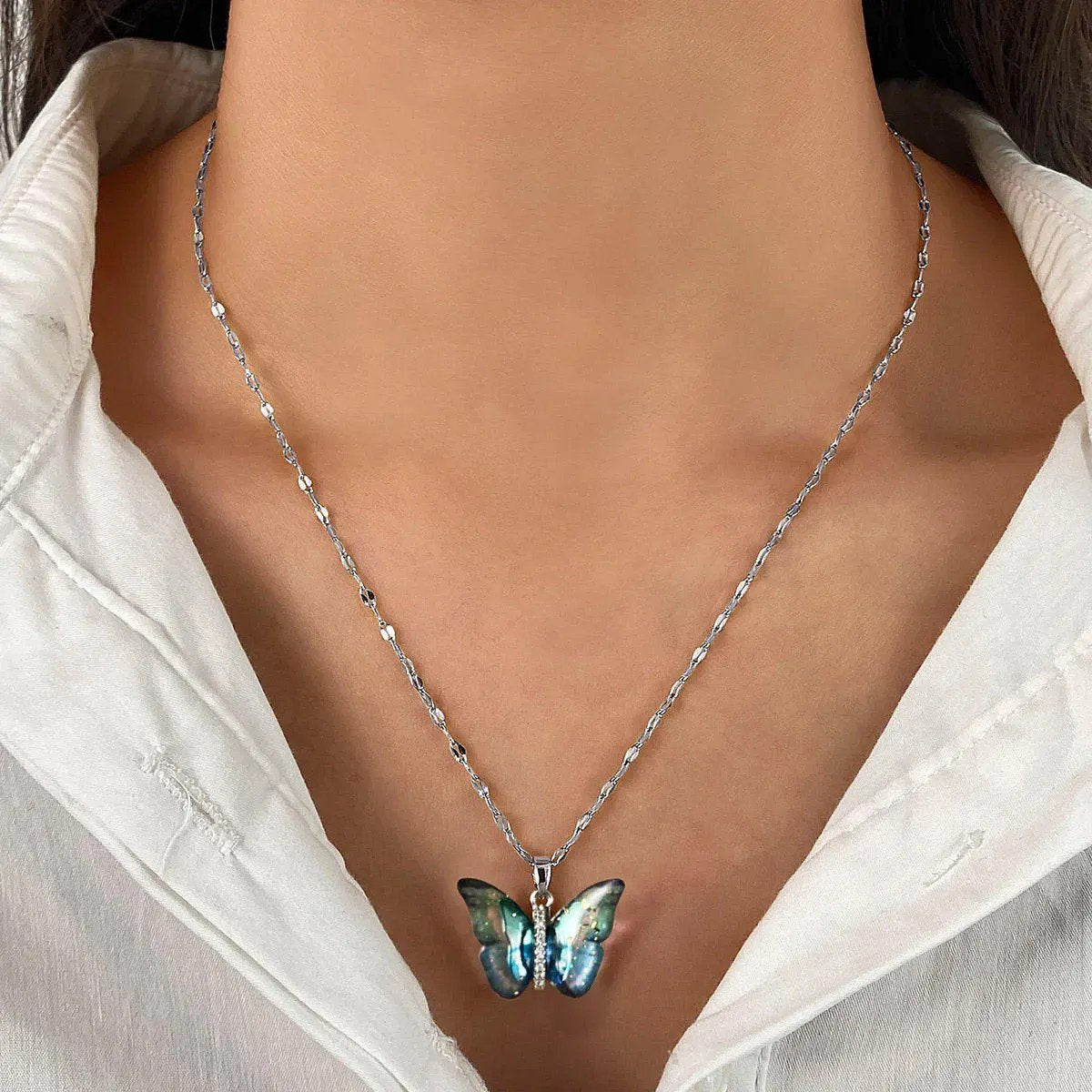 Vibrant Blue Winged Beauty Pendant Necklace - view 3