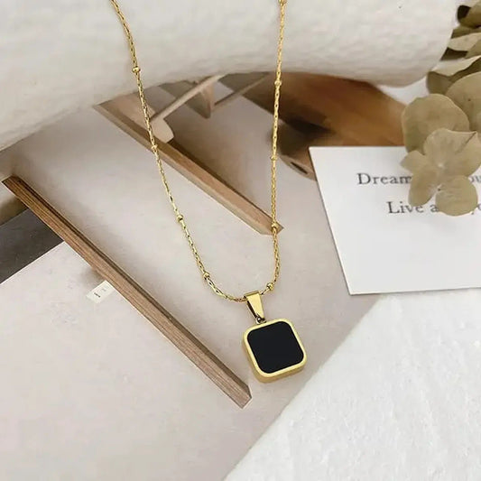 Black Square Pendant Gold-Plated Chain Necklace