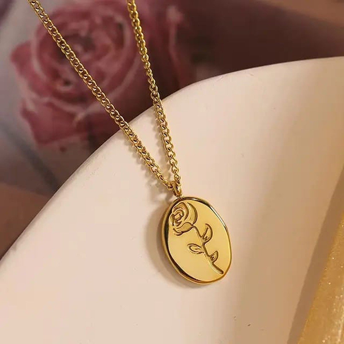 Gold Plated Anti Tarnish Stainless Steel Rose Pendant Necklace - view 1
