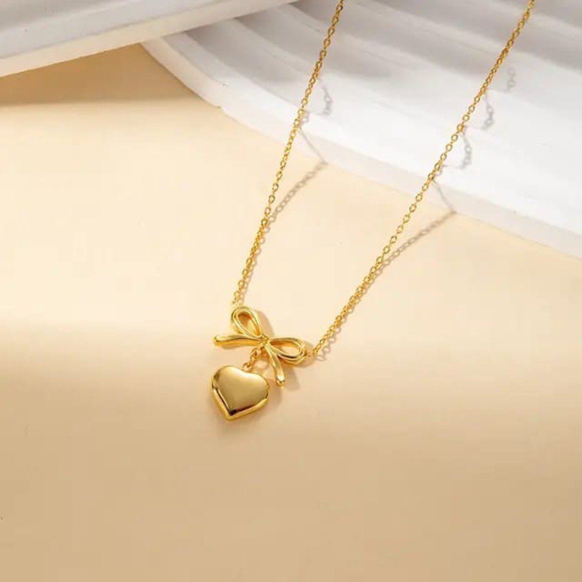 Golden Alloy Korean Heart Bow Shape Pendant Necklace - view 1
