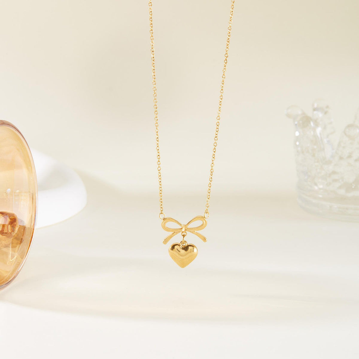 Golden Alloy Korean Heart Bow Shape Pendant Necklace - view 2