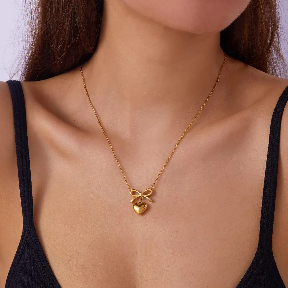 Golden Alloy Korean Heart Bow Shape Pendant Necklace - view 4