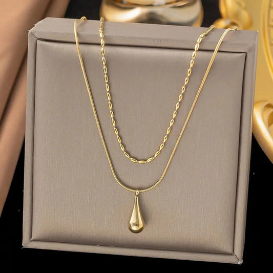 Gold-Plated Anti Tarnish Minimalistic Teardrop Layered Necklace - view 1