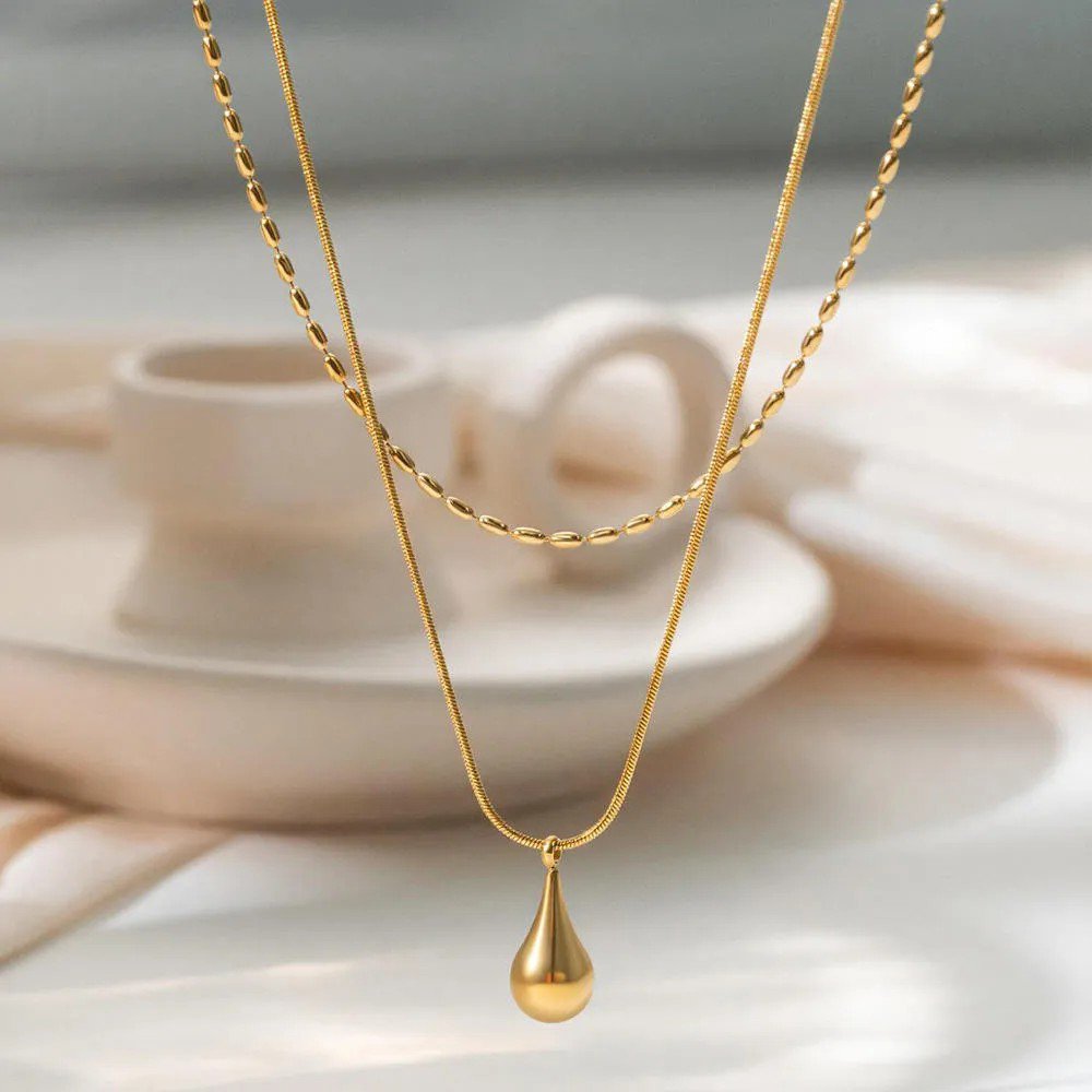 Gold-Plated Anti Tarnish Minimalistic Teardrop Layered Necklace - view 2