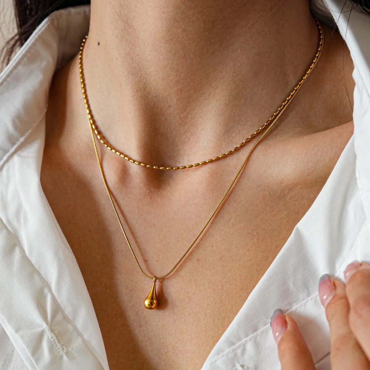 Gold-Plated Anti Tarnish Minimalistic Teardrop Layered Necklace - view 4