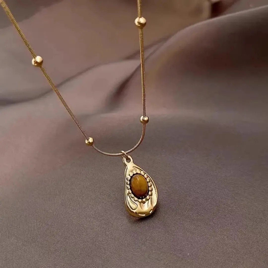 Oval Tiger Eye Pendant Necklace Stainless Steel - view 1
