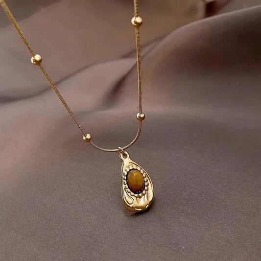 Oval Tiger Eye Pendant Necklace Stainless Steel - view 1
