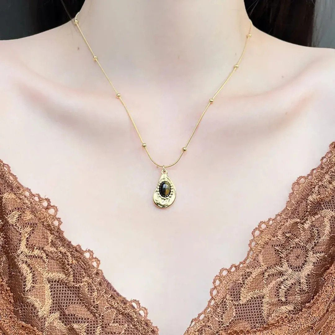 Oval Tiger Eye Pendant Necklace Stainless Steel - view 2