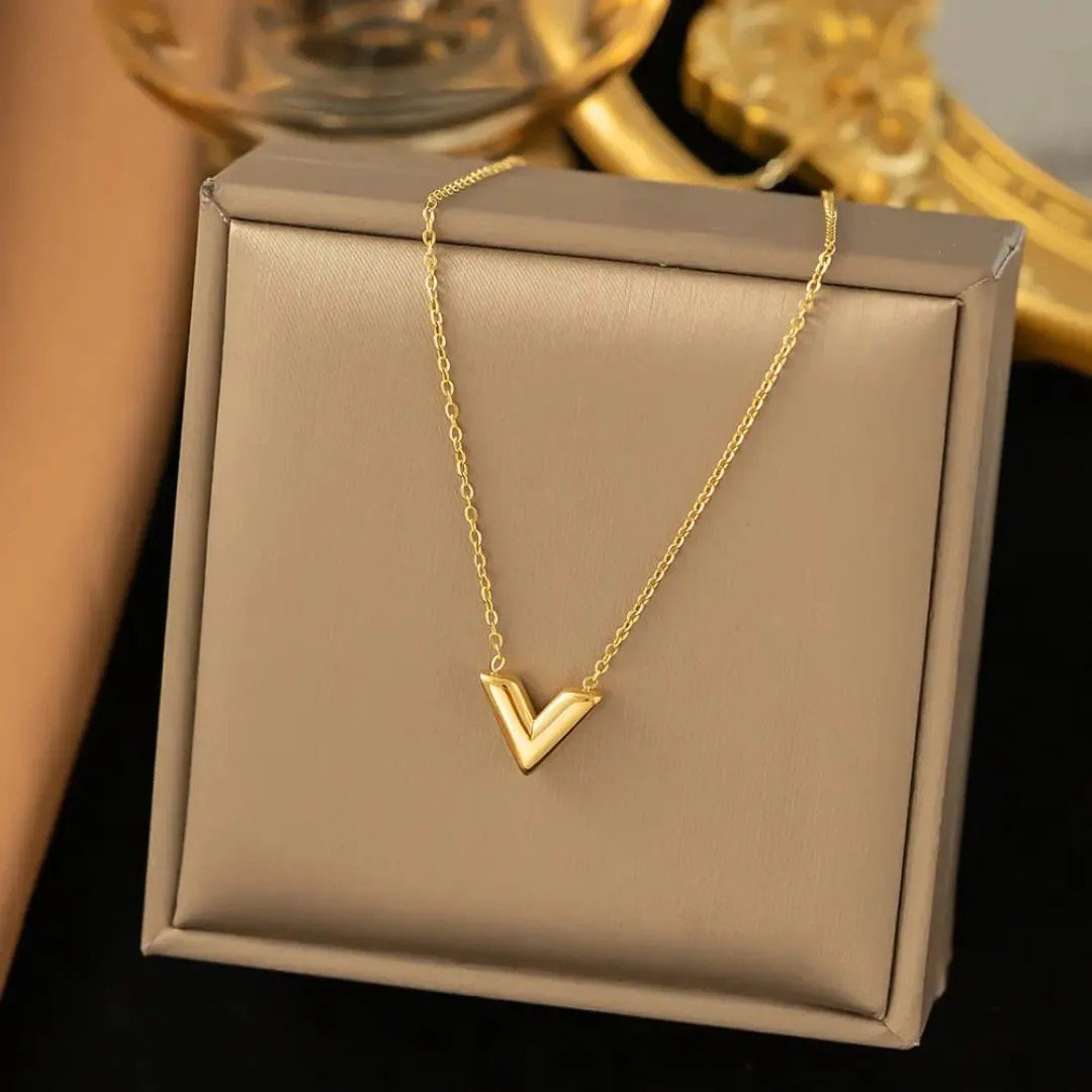 Gold Plated Stainless Steel Anti Tarnish V-Shaped Pendant Necklace - view 2