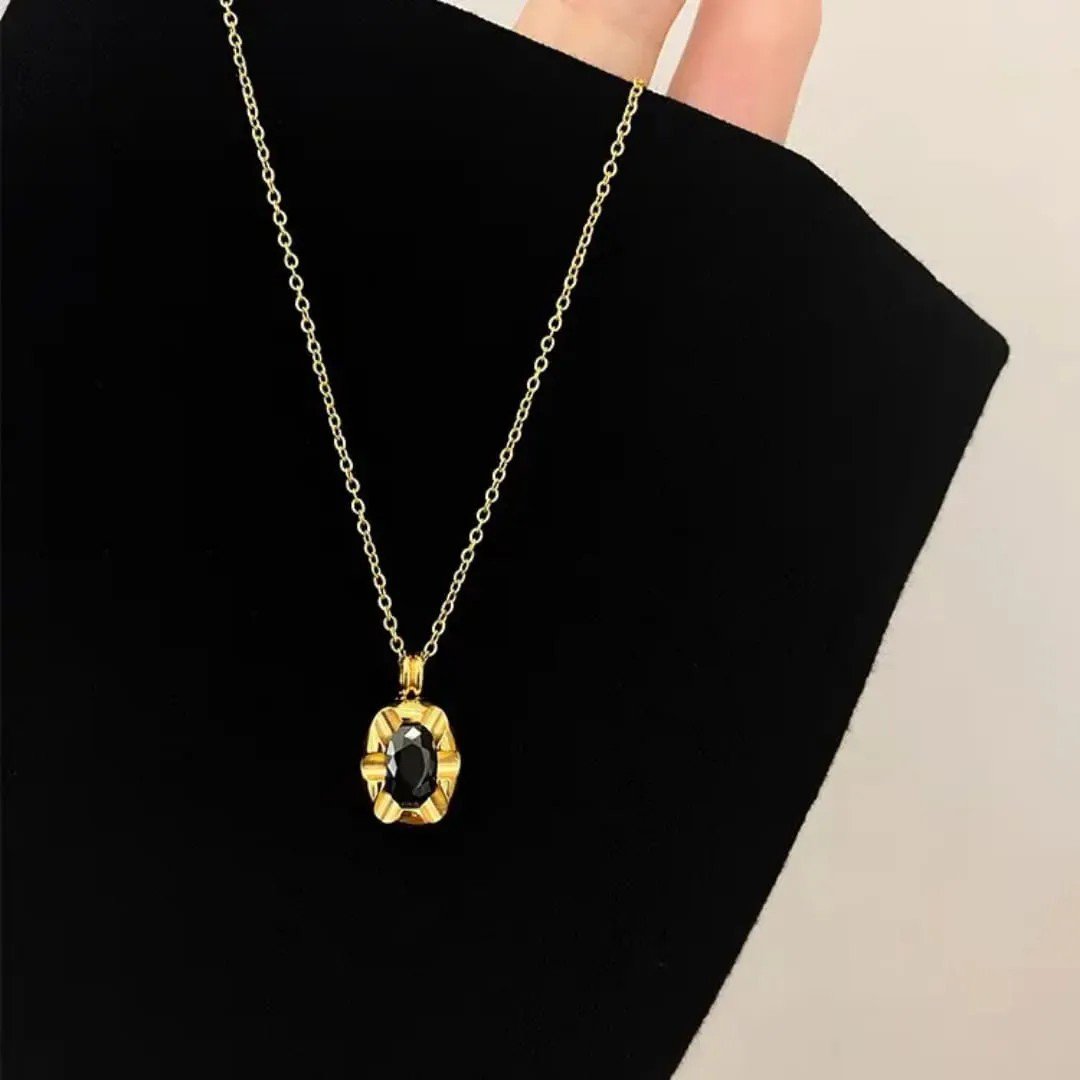 Gold Chain Necklace with Black Gemstone - view 1