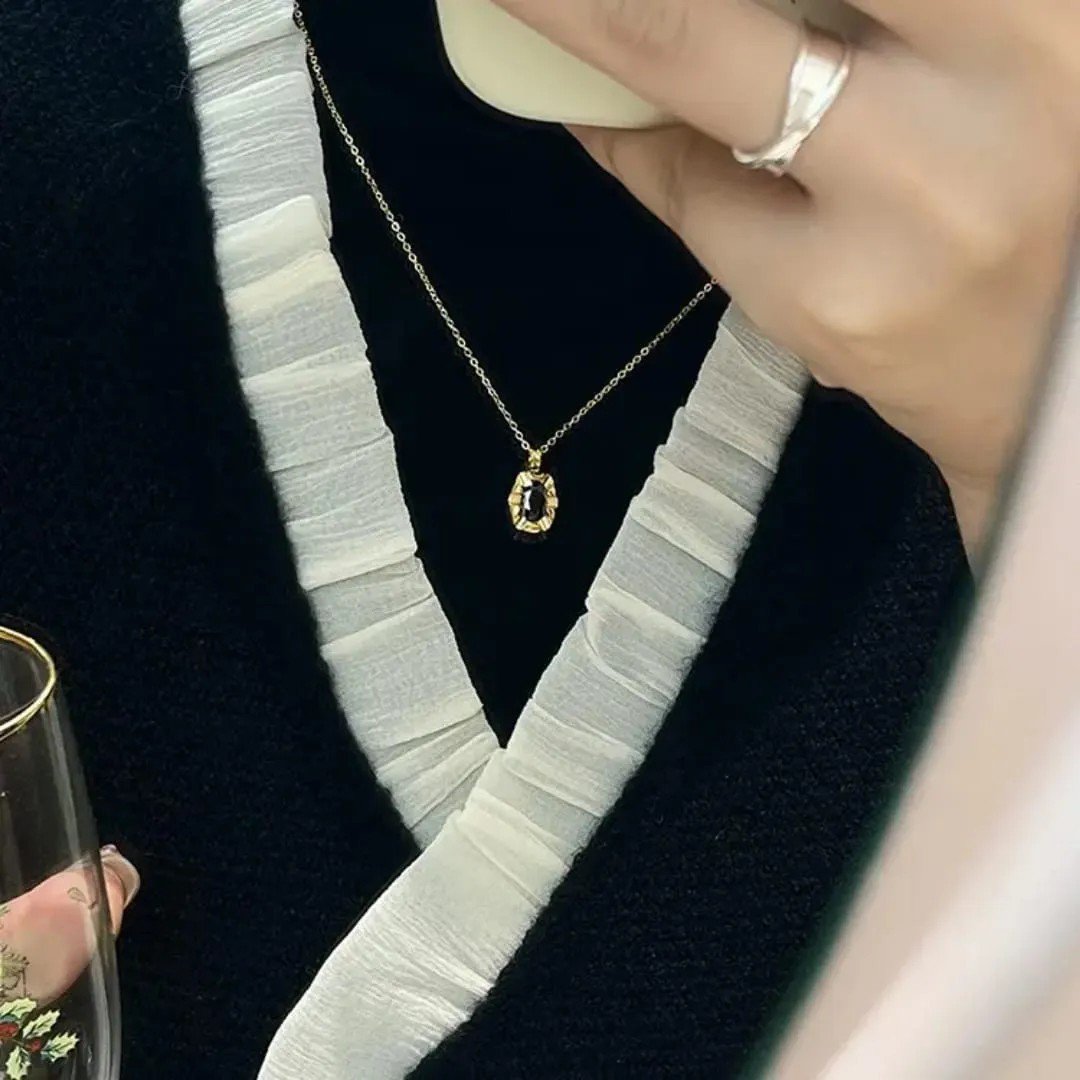 Gold Chain Necklace with Black Gemstone - view 2