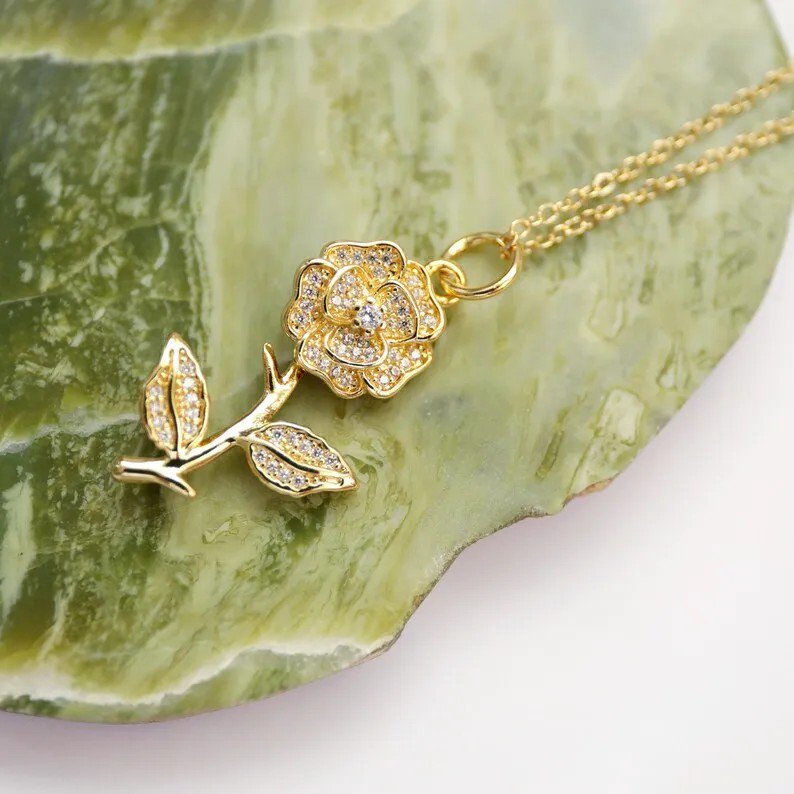 Gold Stainless Steel Plated Cubic Zirconia Flower Vintage Design Necklace - view 1
