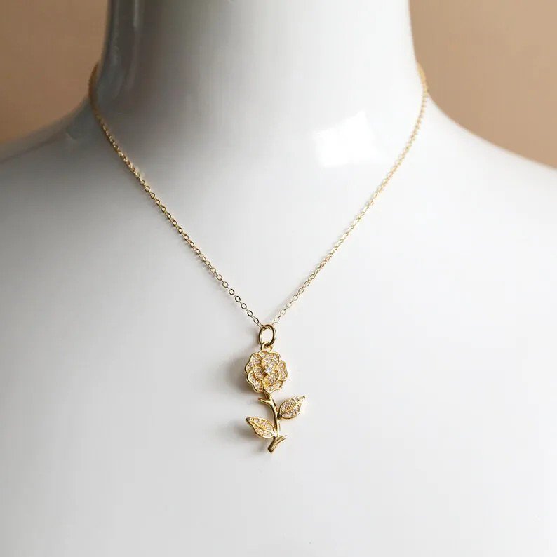 Gold Stainless Steel Plated Cubic Zirconia Flower Vintage Design Necklace - view 2
