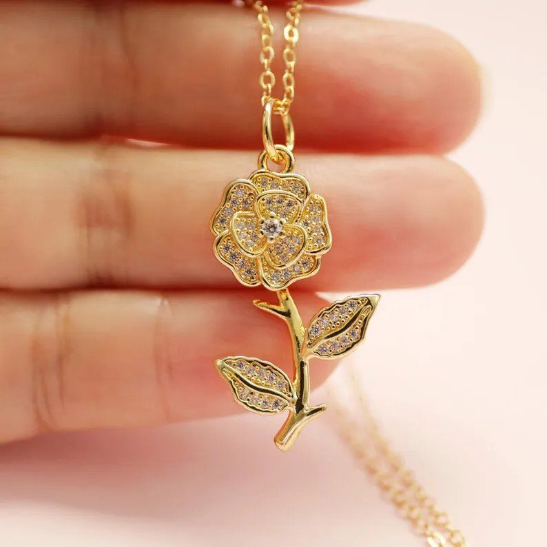 Gold Stainless Steel Plated Cubic Zirconia Flower Vintage Design Necklace - view 3