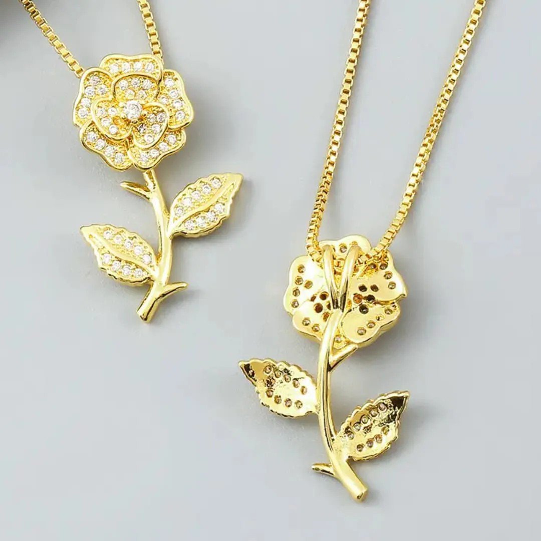 Gold Stainless Steel Plated Cubic Zirconia Flower Vintage Design Necklace - view 4