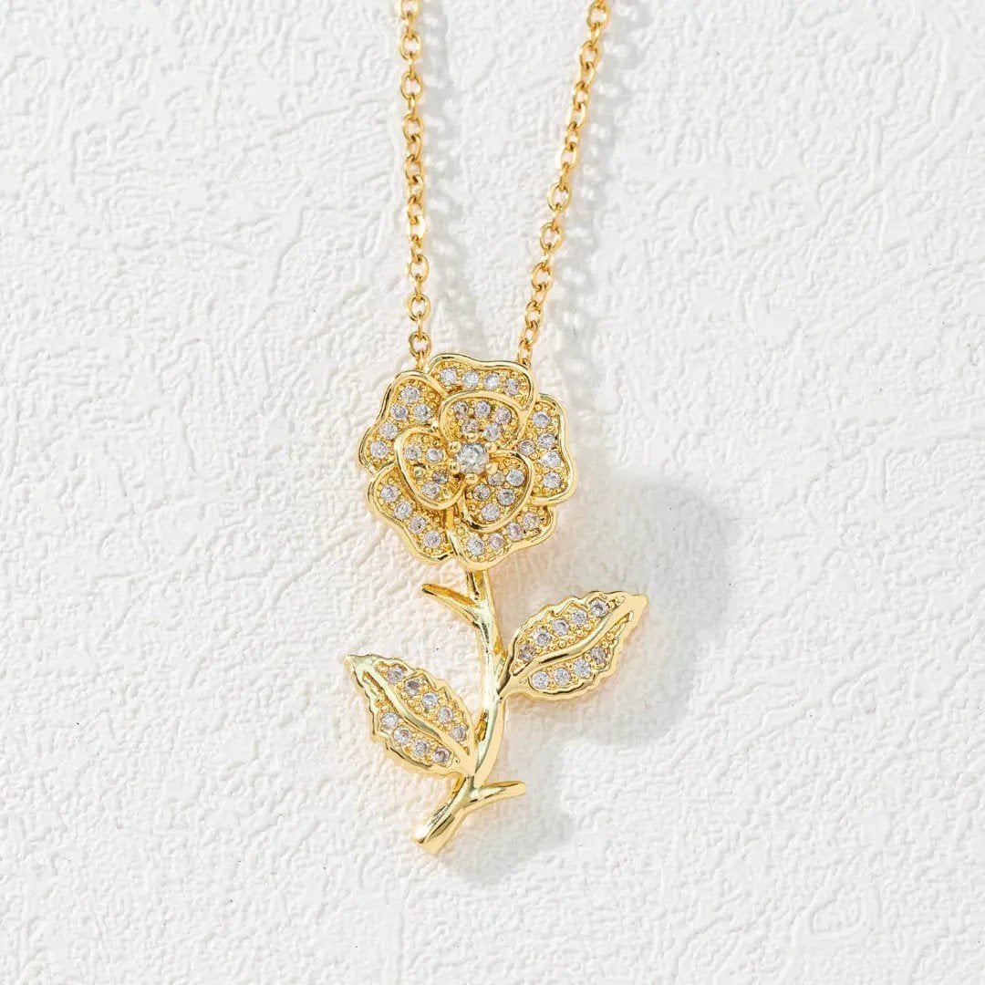 Gold Stainless Steel Plated Cubic Zirconia Flower Vintage Design Necklace - view 5
