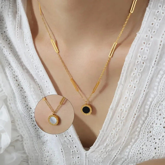 Rose Gold Plated Roman Numerals Dual Side Circular Pendant Necklace
