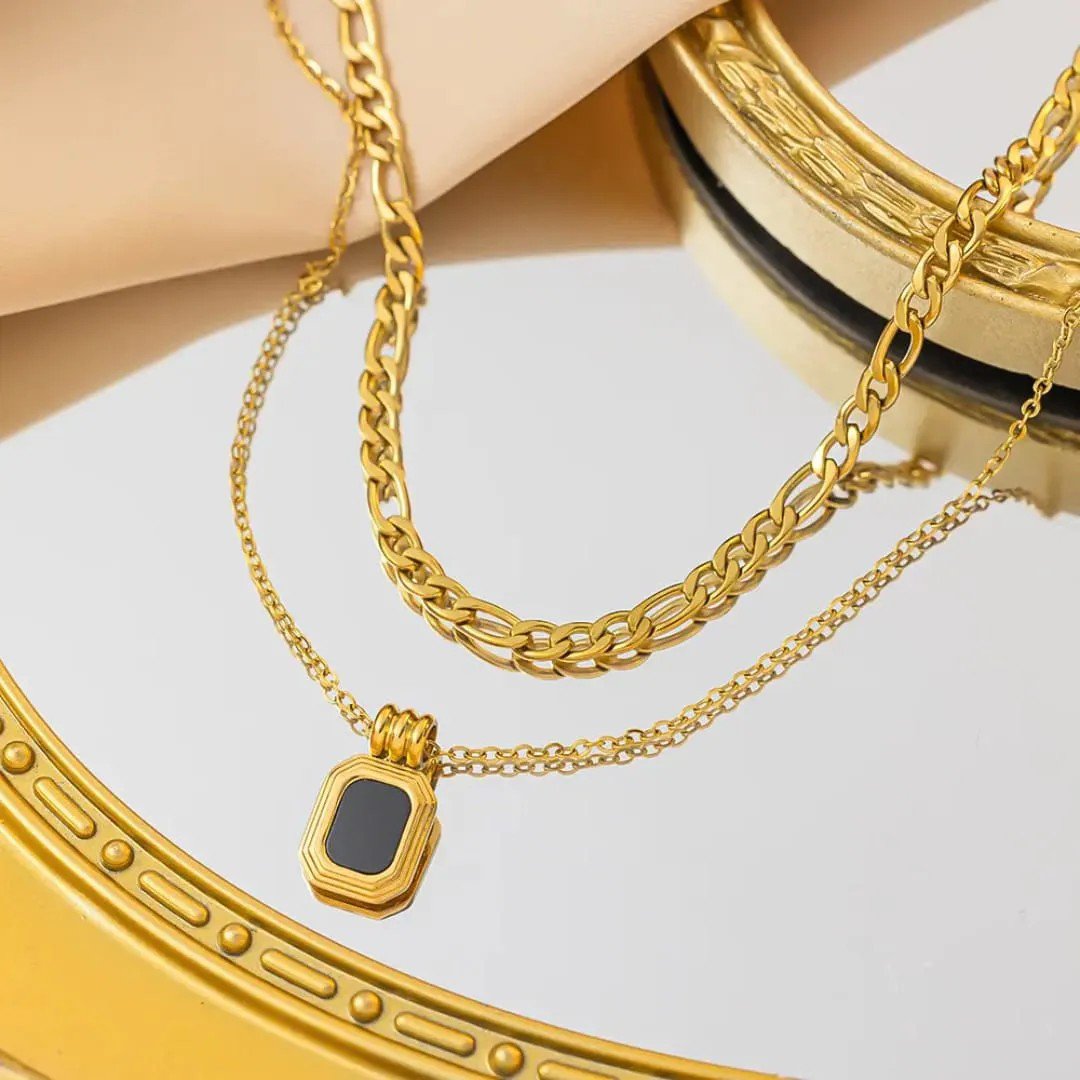 Gold Layered Black Pendant Necklace - view 1