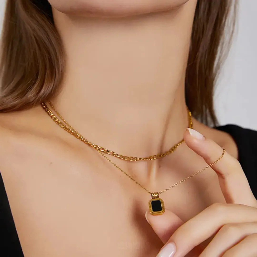 Gold Layered Black Pendant Necklace - view 2