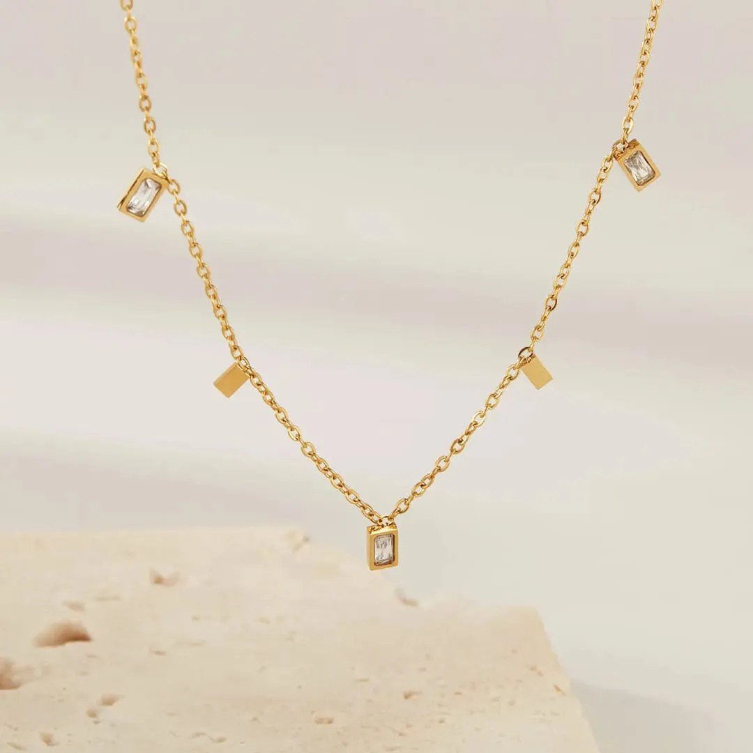 Gold Tone Stainless Steel Necklace with Rectangular Crystal Charms - view 1