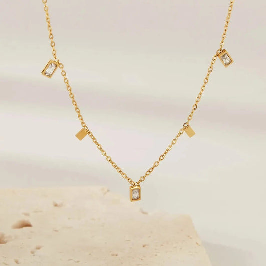 Gold Tone Stainless Steel Necklace with Rectangular Crystal Charms - view 1