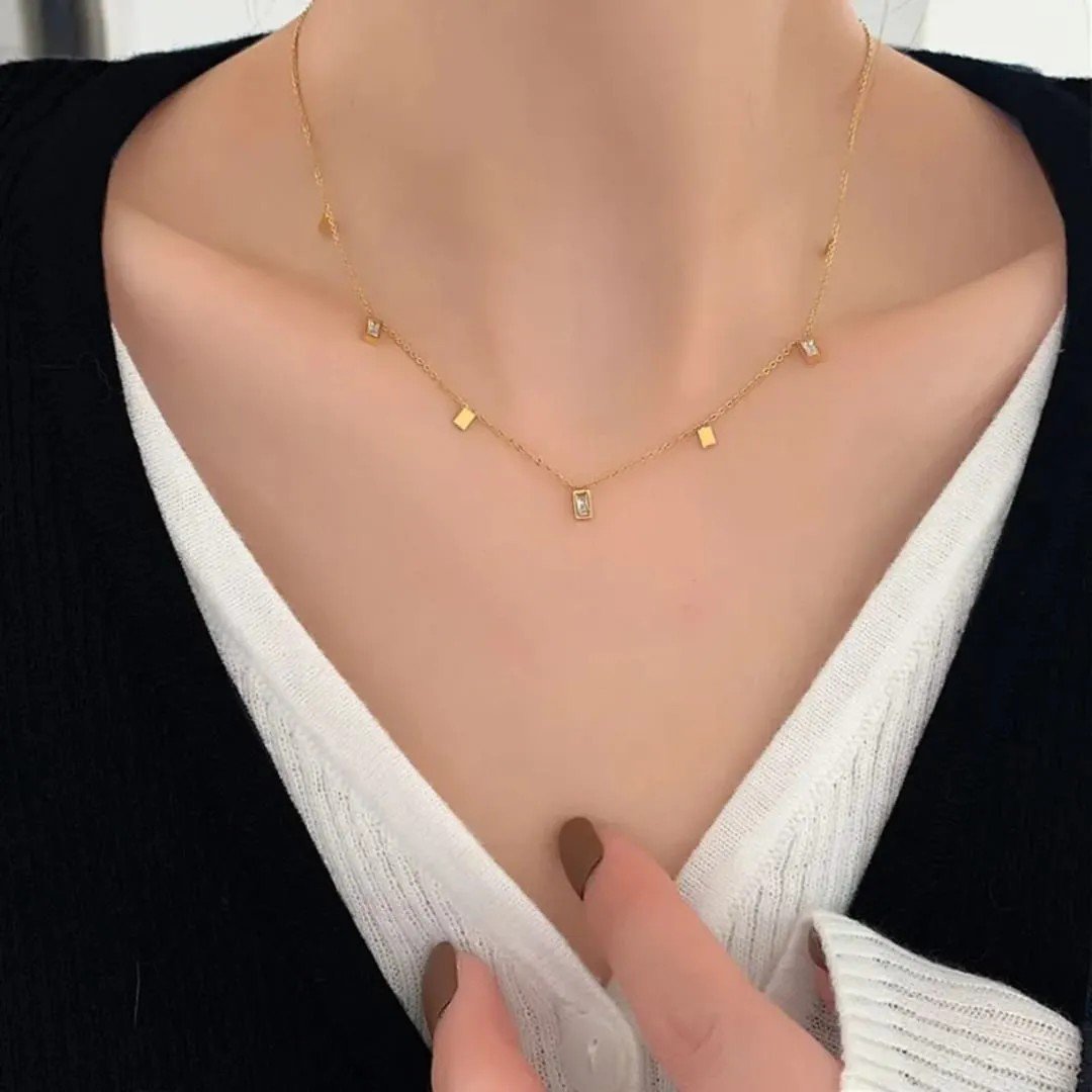 Gold Tone Stainless Steel Necklace with Rectangular Crystal Charms - view 2