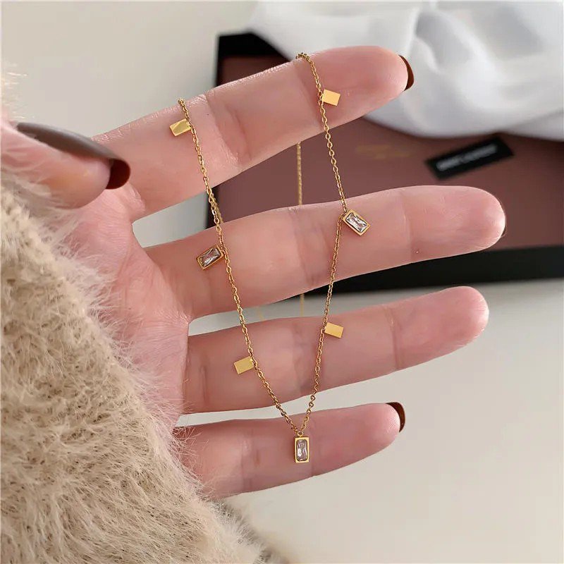 Gold Tone Stainless Steel Necklace with Rectangular Crystal Charms - view 3