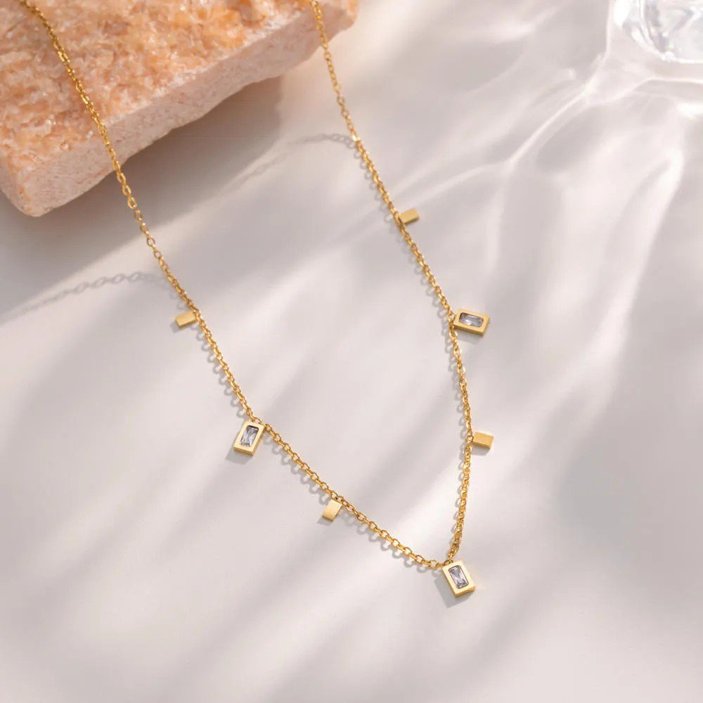 Gold Tone Stainless Steel Necklace with Rectangular Crystal Charms - view 4