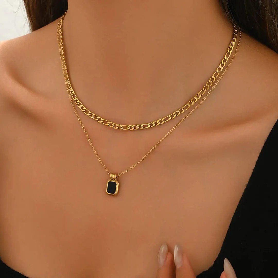 Korean Style Double Layered Gold-Plated Necklace with Black Charm Pendant