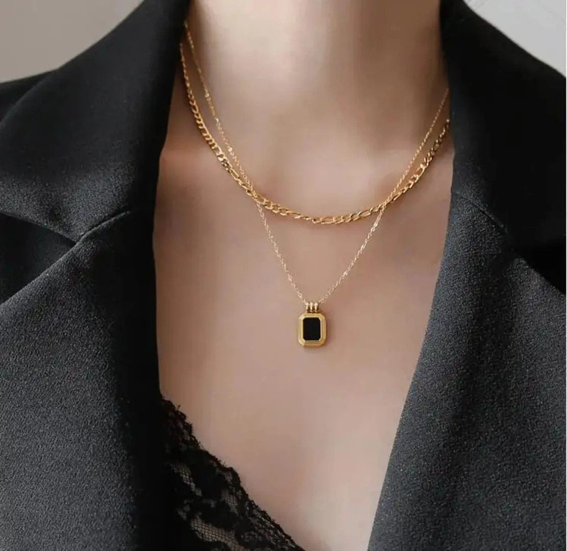 Korean Style Double Layered Gold-Plated Necklace with Black Charm Pendant
