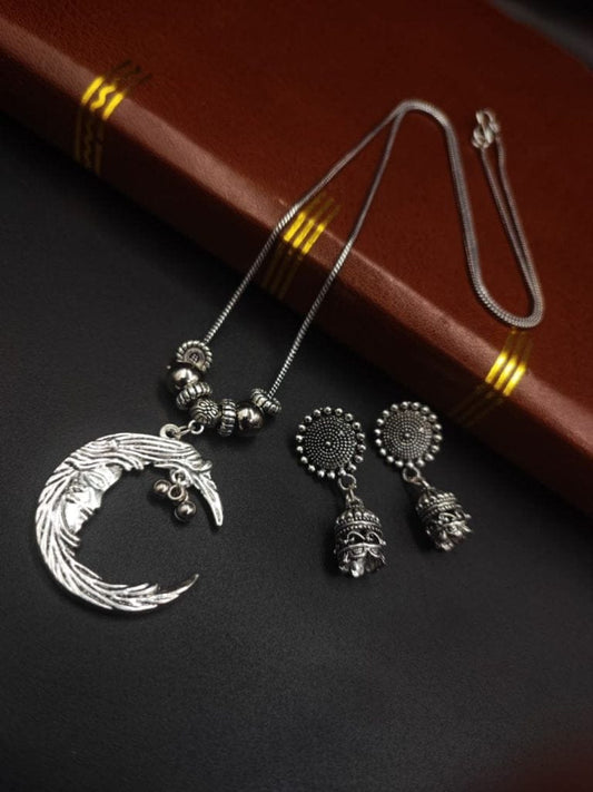 Crescent Moon Oxidised Chain Necklace with Jhumka Earrings