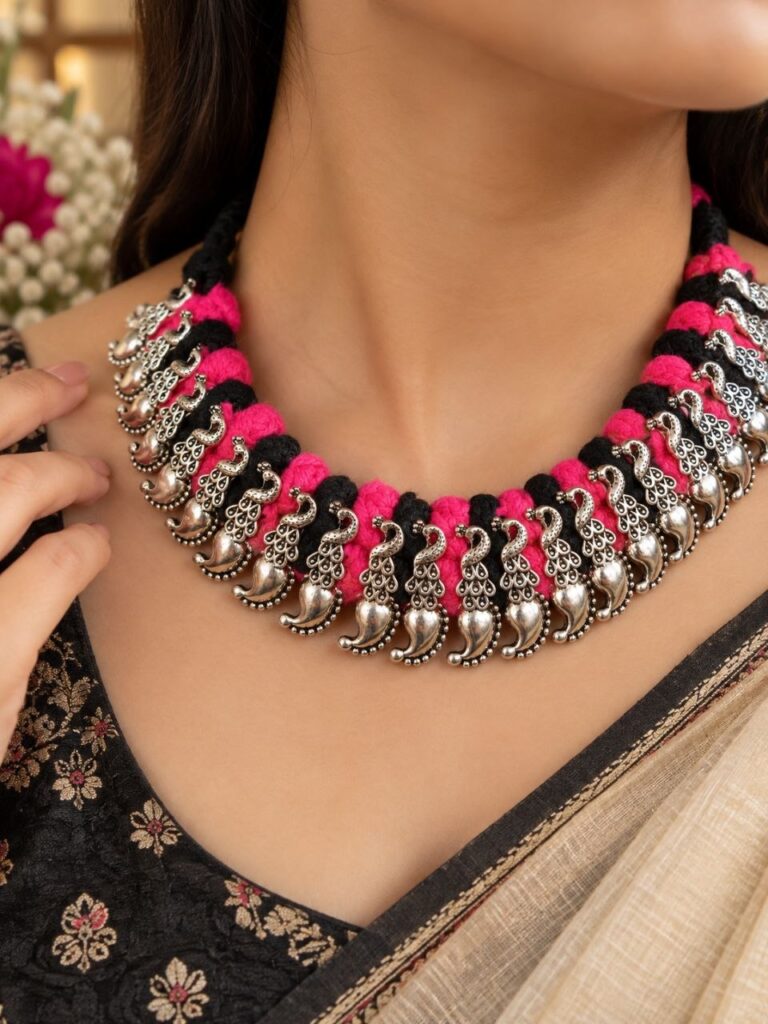 Silver Peacock Thread Necklace – Elegant Traditional Statement Jewellery