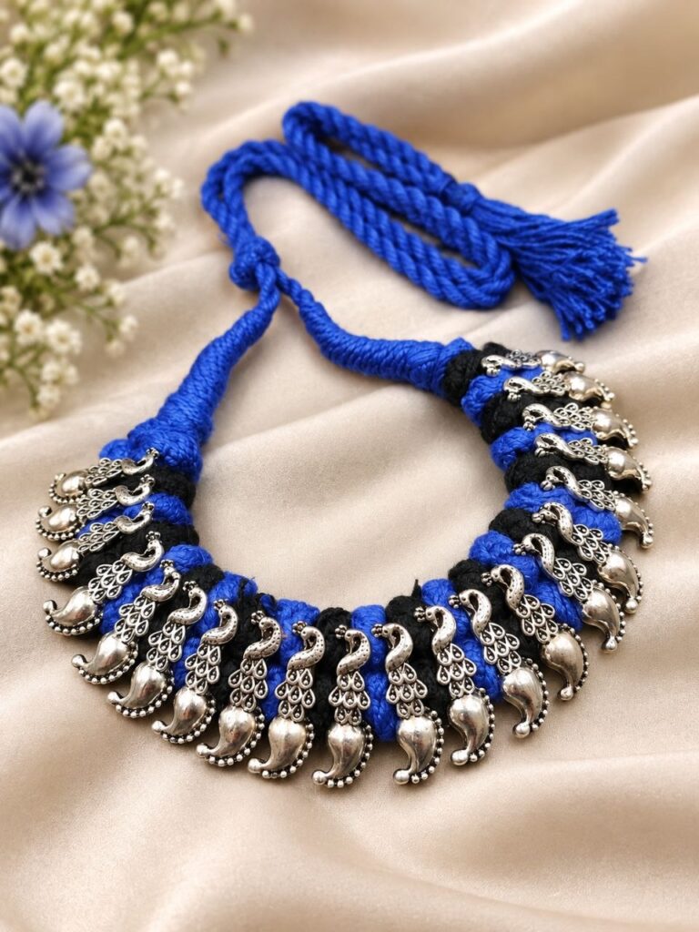 Silver Peacock Thread Necklace – Elegant Traditional Statement Jewellery