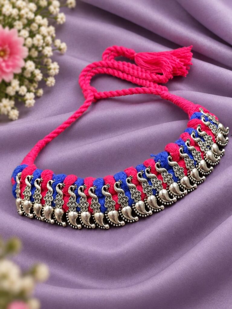 Silver Peacock Thread Necklace – Elegant Traditional Statement Jewellery