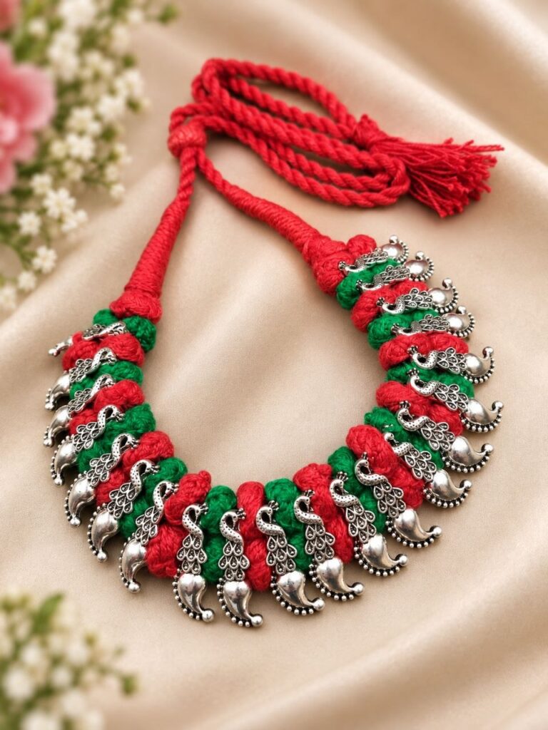 Silver Peacock Thread Necklace – Elegant Traditional Statement Jewellery