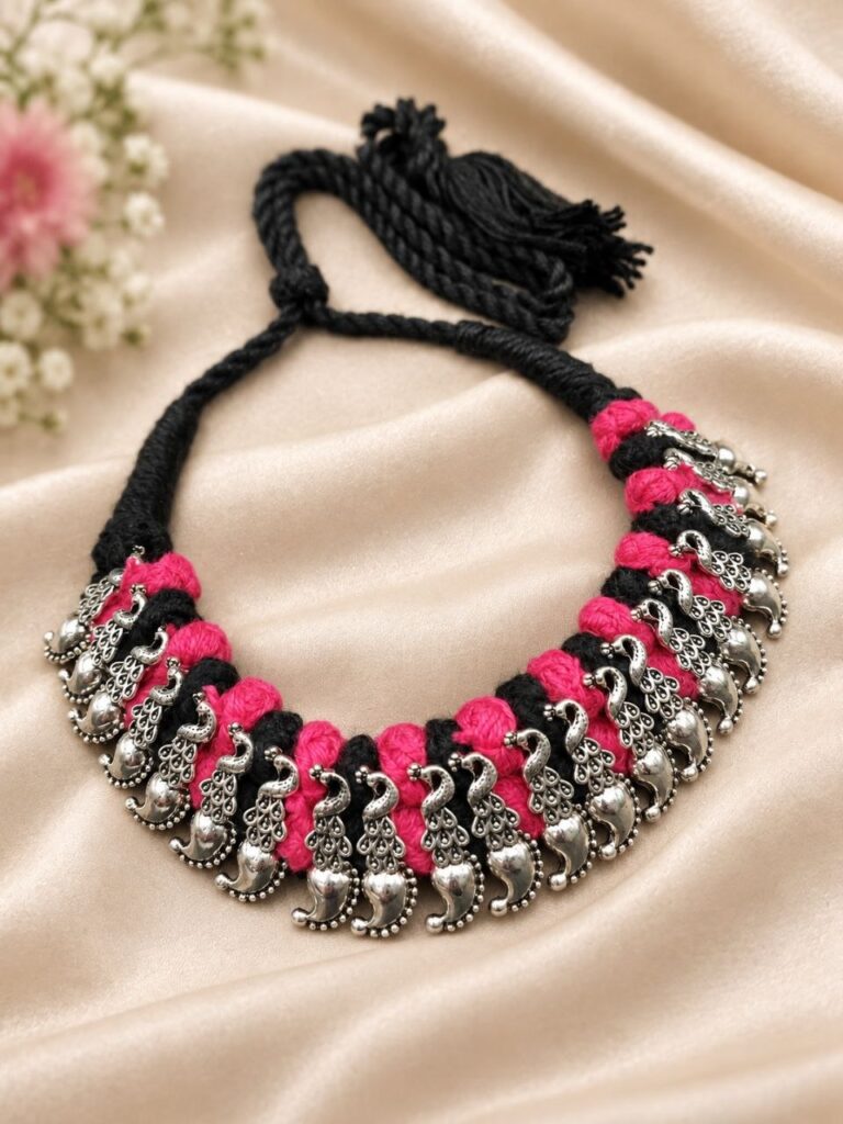 Silver Peacock Thread Necklace – Elegant Traditional Statement Jewellery