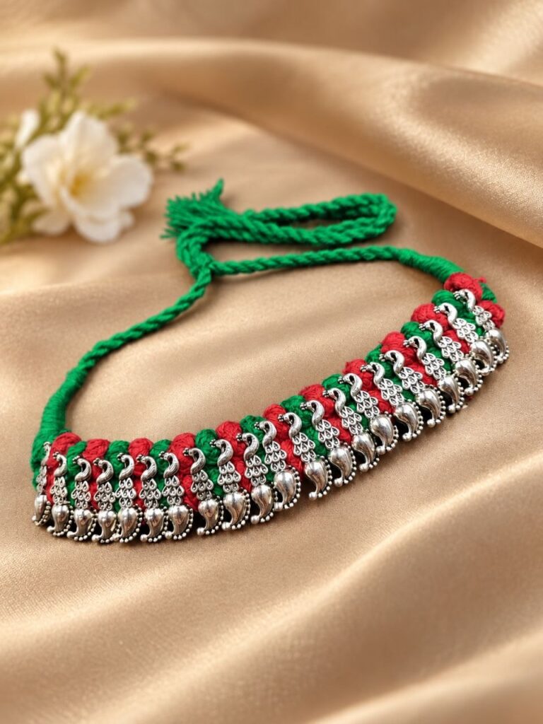 Silver Peacock Thread Necklace – Elegant Traditional Statement Jewellery